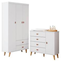 Cômoda Infantil com Guarda Roupa 3 Portas Duda Branco Acetinado Bétula