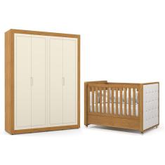 Jogo de Quarto Infantil Tutto New Guarda Roupa 4 Portas e Berço com Capitonê - Matic Móveis Freijó/Off White
