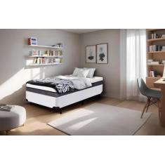 Cama Box Serenelife em Madeira de Eucalipto, Corano Branco, Solteirão