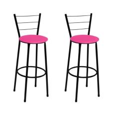 Kit 2 Banquetas Altas Preta com Encosto Assento Rosa