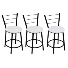 Kit 3 Banquetas Baixas Preta com Encosto Assento Branco