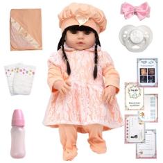 Boneca Reborn Gatinha Morena Vestido Salmão Diversos Itens - Cegonha R