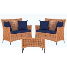 2 Sofá Área e Mesa Igapó Alumínio Pintura Preta Corda Náutica Estofado Impermeável Almofada 10 Trama