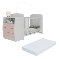Berço Cômoda Multifuncional Colinho de mãe com colchão incluso Multimóveis Branco/Rosa