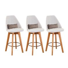 Kit 03 Banquetas Alta Maya Giratória Com Encosto Gourmet Linho Bege e Almofada Sintético Bege - Aurora Line