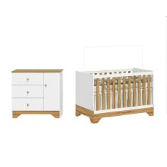 Quarto De Bebê Cômoda 1 Porta E Berço Minicama 100% Mdf Ravy Espresso Móveis Branco Brilho amêndoa