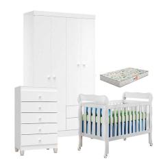 Quarto De Bebê 4 Portas Com Gaveteiro Ternura Baby E Berço Lila Branco Brilho Com Colchão Gazin - Incorplac