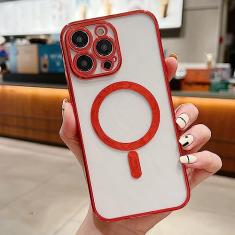 Estojo de carga magnética sem fio transparente de revestimento de luxo para iPhone 11 13 12 14 Pro XS Max X XR 8 Plus Capa de silicone macio, vermelho, para iphone 8 Plus