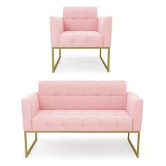 Kit 1 Sofá Namoradeira E 1 Poltrona Suede Base Metálica Industrial Dourado - D\`rossi Cor Rosa Bebê