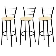 Kit 3 Banquetas Alta Preta com Assento Bege Fortmix