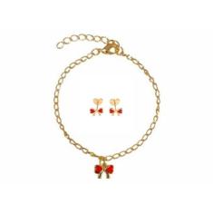 Kit Pulseira + Brinco Infantil Menina Folheado Ouro 18k Antialérgico -