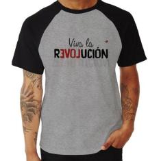 Camiseta Raglan Viva la Revolución - Foca na Moda, Cinza, Preto, GG