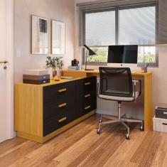 Escrivaninha em L com 6 Gavetas Cômoda Leonie Yescasa Freijó /Preto