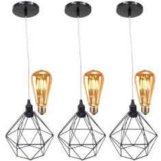 3 Pendentes Aramado Diamante Lustre Cabo Cristal P + 3 Lâmpadas Led ST64 Vintage Retrô Agp Gmh