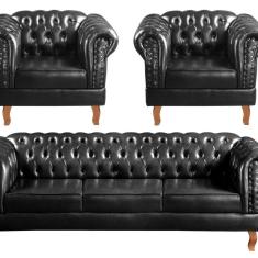 Conjunto Sofá Chesterfield 3 Lugares + 2 Poltronas Dom Pedro Preto