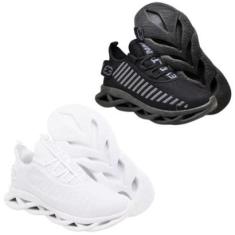 Kit 2 Tênis Esportivo Sola Trançada Masculino Treinos Leve e Confortável White e Black-Masculino