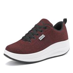 RUIDENG Tênis de plataforma para mulheres caminhando o dia todo | Sapatos de trabalho antiderrapantes confortáveis para mulheres | Parte inferior basculante de cunha de 5 cm de espessura, Bordeaux