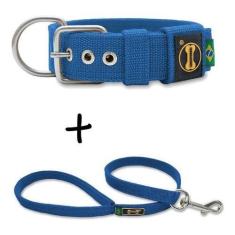 Coleira Cachorro Grande Pit Bull + Guia 80cm (azul) - Amorosso, Azul, 