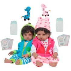 Boneca Reborn Gêmeos Cabelo Cacheado Com Girafa Pelúcia - Cegonha Rebo