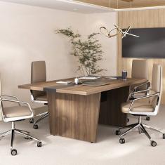 Mesa de Reunião Modular para Escritório em Tamburato 50mm com Caixa de Tomada e Tampo em Tamburato Nogal/Preto