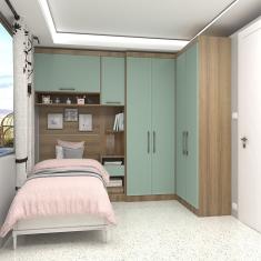 Quarto De Canto Solteiro Com Guarda Roupas Cabeceira E Mesa De Cabeceira Paris Luciane Móveis Avelã Pf Com Verde Pf