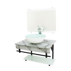 Gabinete De Vidro 70cm Apx Com Cuba Redonda Mármore Branco