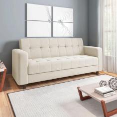 Sofá 03 Lugares Arezzo Linho Bege A19 Pés Chanfrado Tabaco D01 - D'Ros