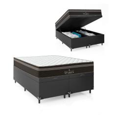 Cama Box Baú Casal Bipartido + Colchão Paris Molas Ensacadas - 66x138x188cm - Couro Preto