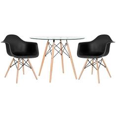 Loft7, Mesa redonda Eames com tampo de vidro 100 cm + 2 cadeiras Eiffel DAW Preto
