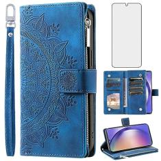 Asuwish Capa de telefone para Samsung Galaxy A54 5G capa carteira com protetor de tela de vidro temperado e alça de pulso Mandala flor flip zíper suporte para cartão celular A 54 54A SM A546U 2023