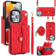 Capa carteira para iPhone 13 Pro Max com 4 pontos de cartão, capa de couro transversal com bloqueio de RFID, capa de telefone com suporte de fivela magnética, alça de pulso à prova de choque para