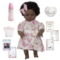 Boneca Reborn Menina Negra 100% Silicone Completa 13 Itens - Cegonha R