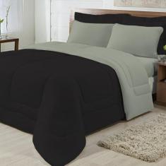 Edredom Solteiro Dupla Face Malha 100% Algodão 1 peça - Preto/Cinza - 