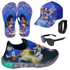 Tênis Infantil Led Luzinha Slip On Personagem +Chinelo+Boné+Óculos+Rel