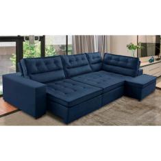 Sofá de Canto Retrátil e Reclinável com Molas ld 3,40x2,00m Viviane Suede Azul Madelina Decor