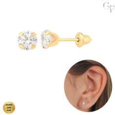 Brinco de Ouro 10K Zircônia Branca Transparente de 4mm Infantil e Adul