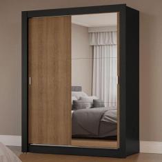 Guarda-Roupa Solteiro 2 Portas de Correr com Espelho Preto/Rustic Mila
