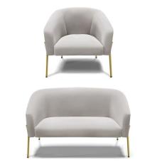 Sofá Namoradeira e Poltrona Pé de Ferro Dourado Stella Veludo Cinza D0