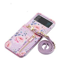 Capa transversal para celular para Samsung Galaxy Z Flip 4 3 5G Flip4 Flip3 Retro Rose Slot para cartões Capa de couro com cordão, roxo, para Galaxy Z Flip4 5G