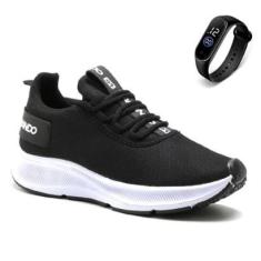 Kit Tênis Esportivo Masculino Calce Facil Tramado com Cadarço e Relogio-Masculino