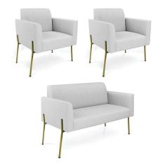 Sofá Namoradeira E 2 Poltronas Pé De Ferro Dourado Marisa Linho D03 - D`rossi Cor Cinza