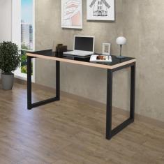 Escrivaninha Industrial 120cm com Tampo de Vidro Preto/Carvalho
