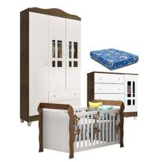 Quarto de Bebê Ariel 3P Berço Lara Branco Acetinado Amadeirado com Col