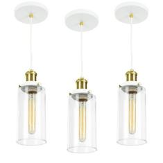 Kit 3 Lustres Pendente Château Cilindrico Vidro Branco Gold - MARRYLUZ