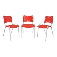 Kit 3 Cadeiras Iso para Escola Escritório Comércio Vermelha Base Branca