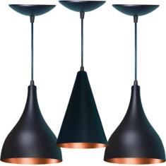 Kit Pendentes 1 Cone E 2 Gotas Cor Preta Fosca E Cobre - Estillo & luz