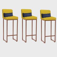 Kit 03 Banqueta Alta com Encosto Lucca Industrial Cozinha Balcão Ferro Bronze Corino Amarelo e Almofada Azul Marinho - Ahazzo Móveis