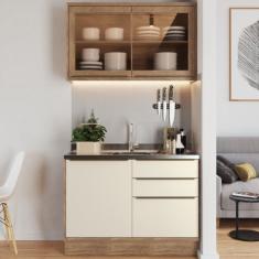 Cozinha Modulada Viena 2 Peças Com 1 Armário Aéreo Vidros Reflecta 1 Balcão 120cm Herval Edez Louro Freijó/argila