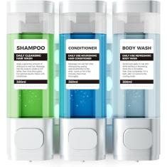Dispensador de xampu e condicionador montado na parede de 3 câmaras, 300 ml cada dispensador de sabonete para chuveiro, fácil de recarregar, sem gotejamento, ideal para xampu, condicionador, sabonete