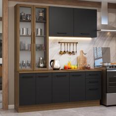 Armário de Cozinha Compacta 190cm com Cristaleira Rustic/Preto Agata Madesa 01